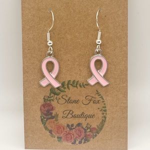 .925 Sterling Silver Hook Wire Earrings with Breast Cancer Ribbon Novelty Charms